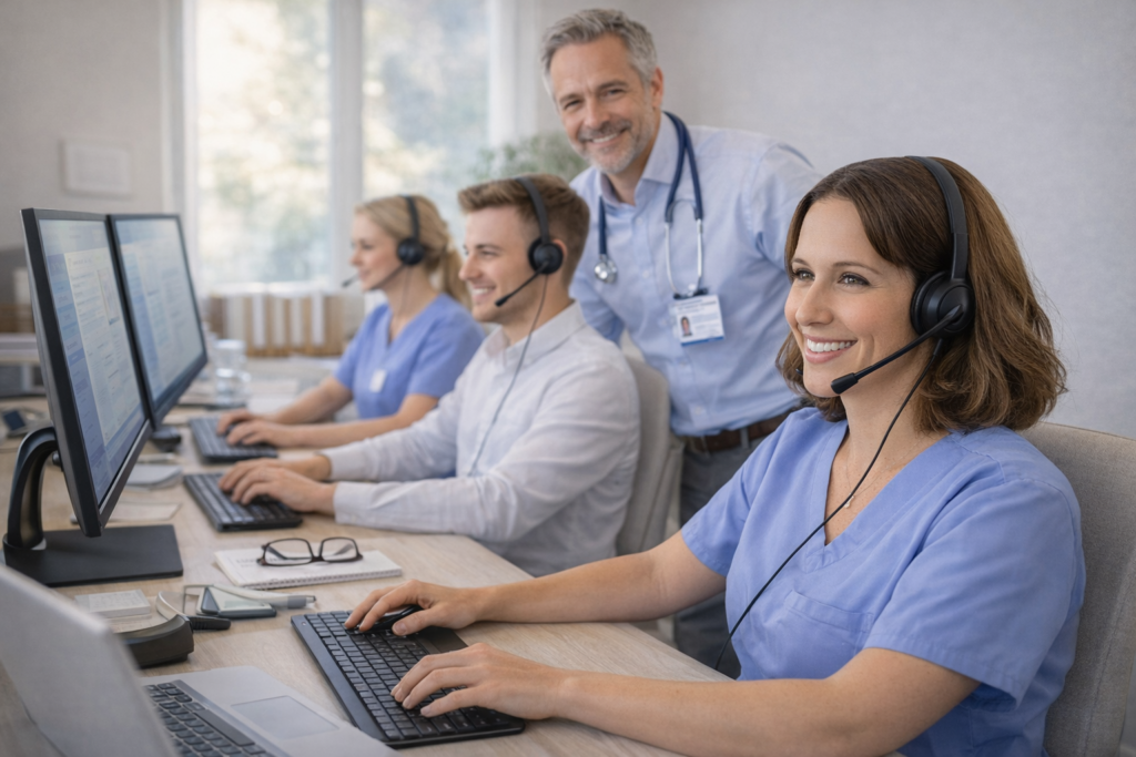 Healthcare support team providing tele-center services and patient assistance