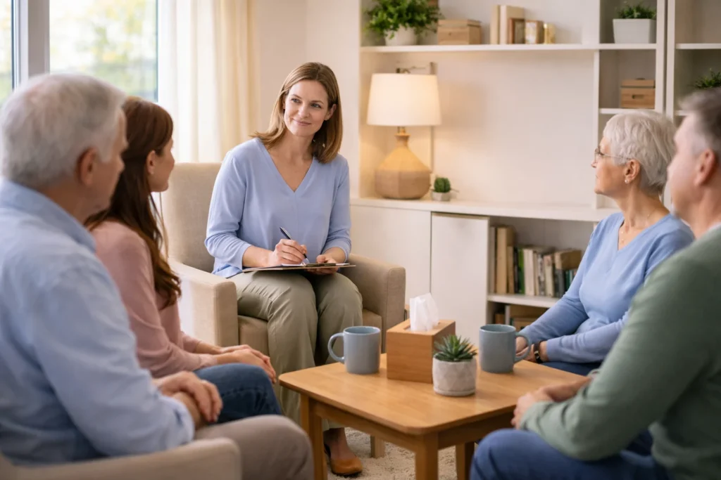 TRU Care grief counselor leading a support group session